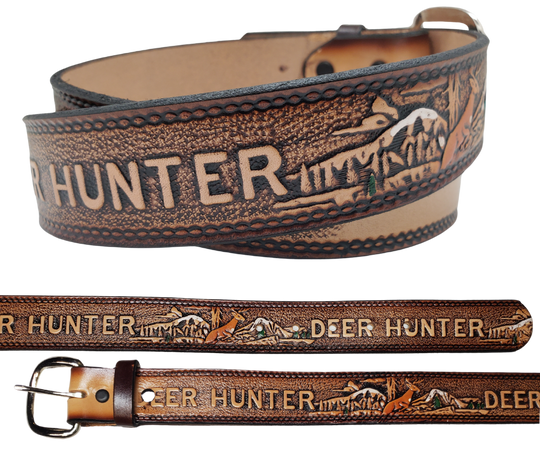 This Buck Fever all leather Name belt features a Deer Hunting pattern in an antiqued finish with a 1 1/2" width. It is crafted from full grain veg-tanned cowhide, with smooth burnished painted edges and a nickel-plated buckle.&nbsp;For customizing, simply type your desired name or No Name in the "Type Name Here" section, the buckle can be easily interchanged as well. This product is in stock at our Smyrna, TN shop.