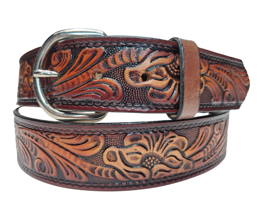 This leather belt has The Classic Western Scroll pattern in a Brown Antiqued finish. Available in a 1 1/2" width. Full grain vegetable tanned cowhide, Width 1 1/2" and includes Nickle plated buckle Smooth burnished painted edges. Made in USA! Buckle snaps in place for easy changing if desired. In stock at our Smyrna, TN shop.