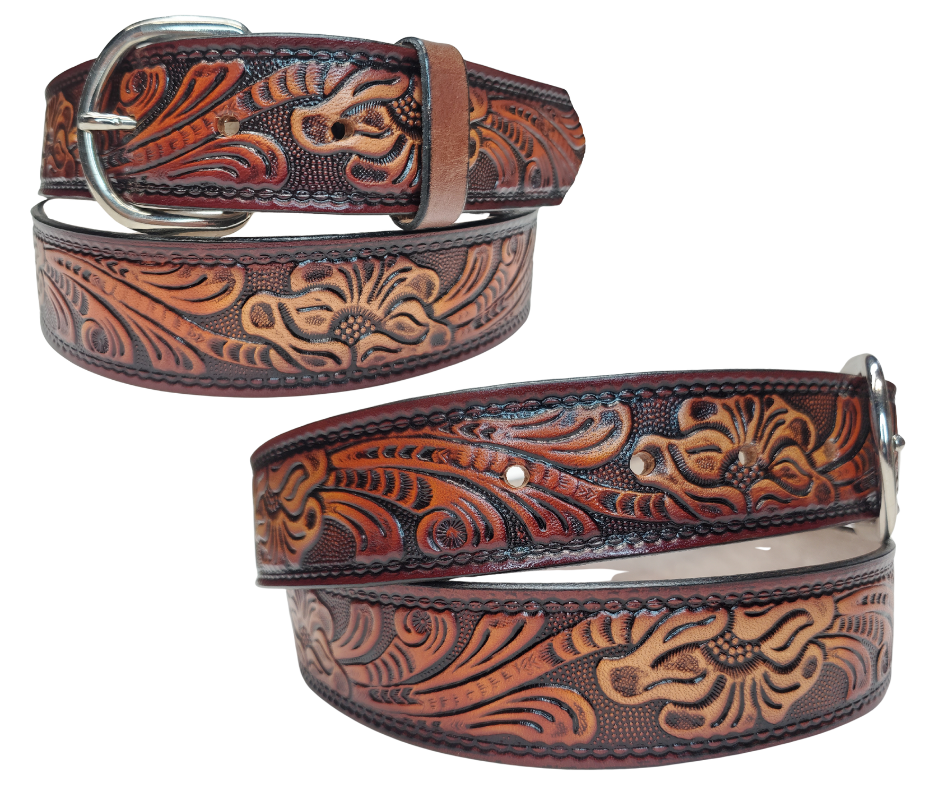 This leather belt has The Classic Western Scroll pattern in a Brown Antiqued finish. Available in a 1 1/2" width. Full grain vegetable tanned cowhide, Width 1 1/2" and includes Nickle plated buckle Smooth burnished painted edges. Made in USA! Buckle snaps in place for easy changing if desired. In stock at our Smyrna, TN shop.