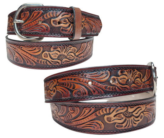 This leather belt has The Classic Western Scroll pattern in a Brown Antiqued finish. Available in a 1 1/2" width. Full grain vegetable tanned cowhide, Width 1 1/2" and includes Nickle plated buckle Smooth burnished painted edges. Made in USA! Buckle snaps in place for easy changing if desired. In stock at our Smyrna, TN shop.