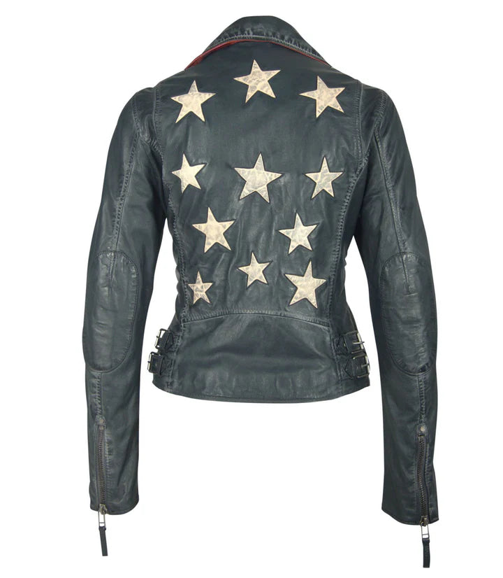 Embodying the timeless MC style, this Vintage distressed Navy blue jacket features Antique White leather stars and subtle hints of red around its 3 front pockets. Accented with 2 side buckles on each hip, it is crafted from Super Soft and lightweight vegetable tanned lambskin leather. Plus, with convenient secured inside chest pockets, it's as practical as it is stylish. Available now at our Local Smyrna, TN store, just a quick trip from Titans Stadium.