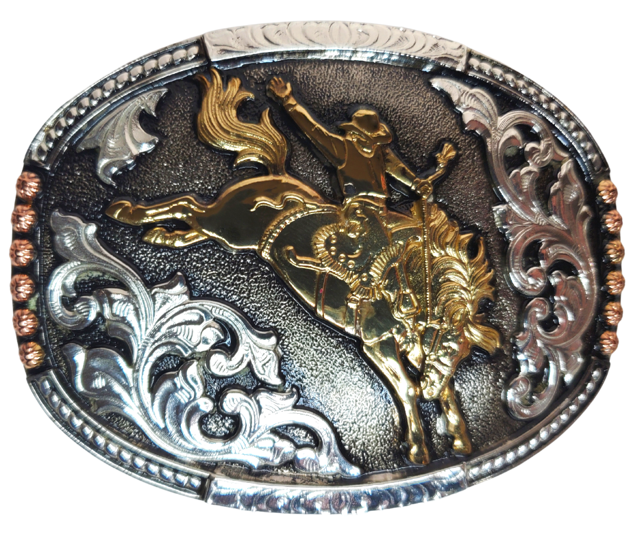 Experience the wild West with The "Chute" Buckle! It's 2 1/2" x 3 1/2" oval shape features a bronc rider, copper and brass accents, an intricate scroll design, and rope edge that'll show off your rodeo fandom. Can you ride 8 seconds? Find out and get yours online or in our shop in Smyrna, TN, just outside of Nashville! Imported