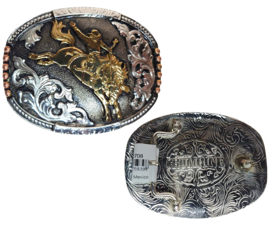 Experience the wild West with The "Chute" Buckle! It's 2 1/2" x 3 1/2" oval shape features a bronc rider, copper and brass accents, an intricate scroll design, and rope edge that'll show off your rodeo fandom. Can you ride 8 seconds? Find out and get yours online or in our shop in Smyrna, TN, just outside of Nashville! Imported