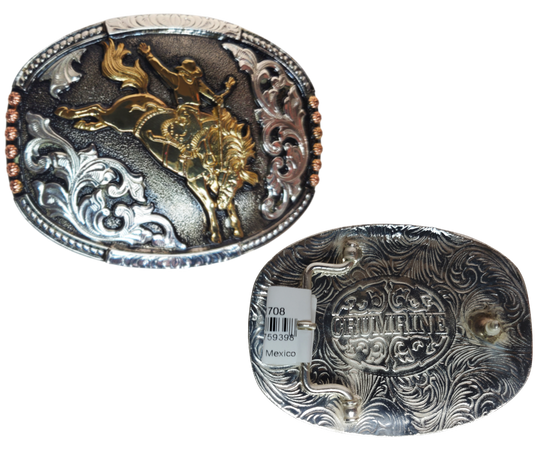 Experience the wild West with The "Chute" Buckle! It's 2 1/2" x 3 1/2" oval shape features a bronc rider, copper and brass accents, an intricate scroll design, and rope edge that'll show off your rodeo fandom. Can you ride 8 seconds? Find out and get yours online or in our shop in Smyrna, TN, just outside of Nashville! Imported