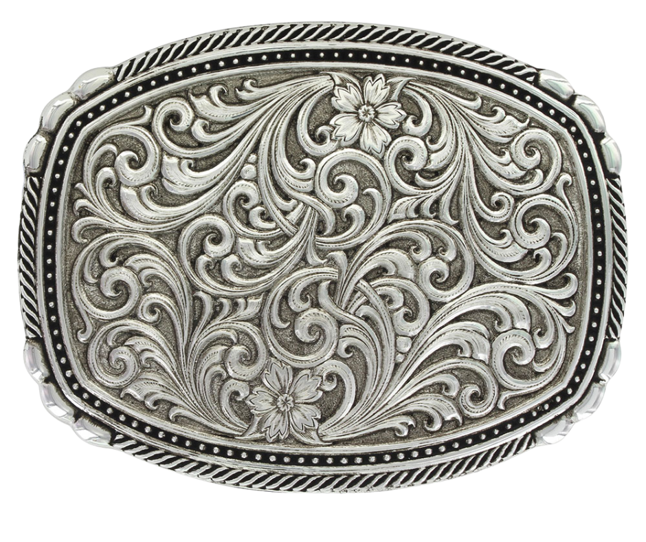 <span data-mce-fragment="1">&nbsp;</span>This buckle features a beautiful Intricate Western Scroll pattern as the main design. Its antiqued curved rectangular shape is accented with twisted silver finished rope edging and high-domed beads, framing the bright cut Western scroll design. It can fit a standard 1.5 inch belt and measures approximately 3 3/4"" across x 3" tall. You can find it at our Smyrna, TN location, just a short drive from downtown Nashville. Made by Montana Silversmith.