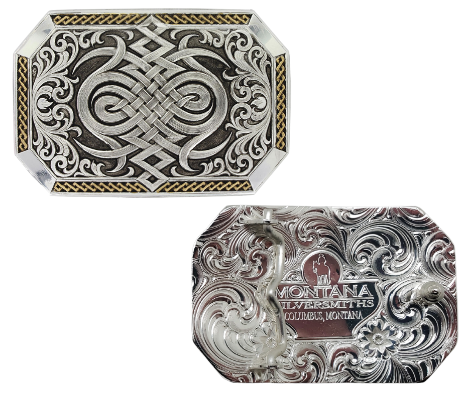 A Western inspired Celtic knot decorates the center of the buckle in a silver finish design, bookended by silver finished sideways heart's flame design with filigree scrollwork coming out from the sides. The silver designs with deeper antiqued background, deep yellow gold finish with a repeating diamond pattern trim on the sides and finished 'corner' bars. Standard 1.5 inch belt swivel and is approx. 2 1/2" x 3 3/4". Available at our Smyrna, TN just a short drive from downtown Nashville. 