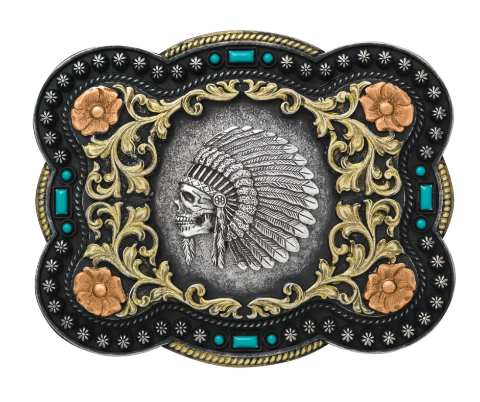 We've named this one after the legendary Apache leader. Show off your adventurous side with simulated turquoise stone accents, a beaded trim, and classic western saddle scrolling. It measures approx. 2 1/2" tall by 3 1/2" wide and is available both online and in our shop in Smyrna, TN, just outside of Nashville!