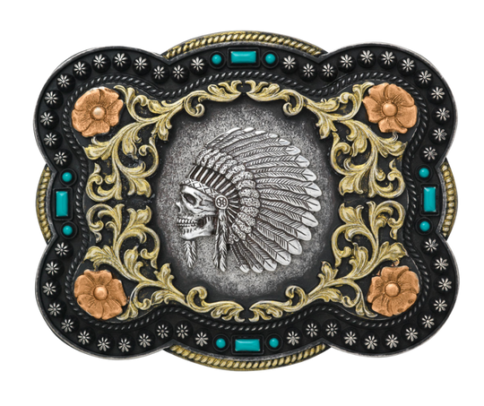 We've named this one after the legendary Apache leader. Show off your adventurous side with simulated turquoise stone accents, a beaded trim, and classic western saddle scrolling. It measures approx. 2 1/2" tall by 3 1/2" wide and is available both online and in our shop in Smyrna, TN, just outside of Nashville!