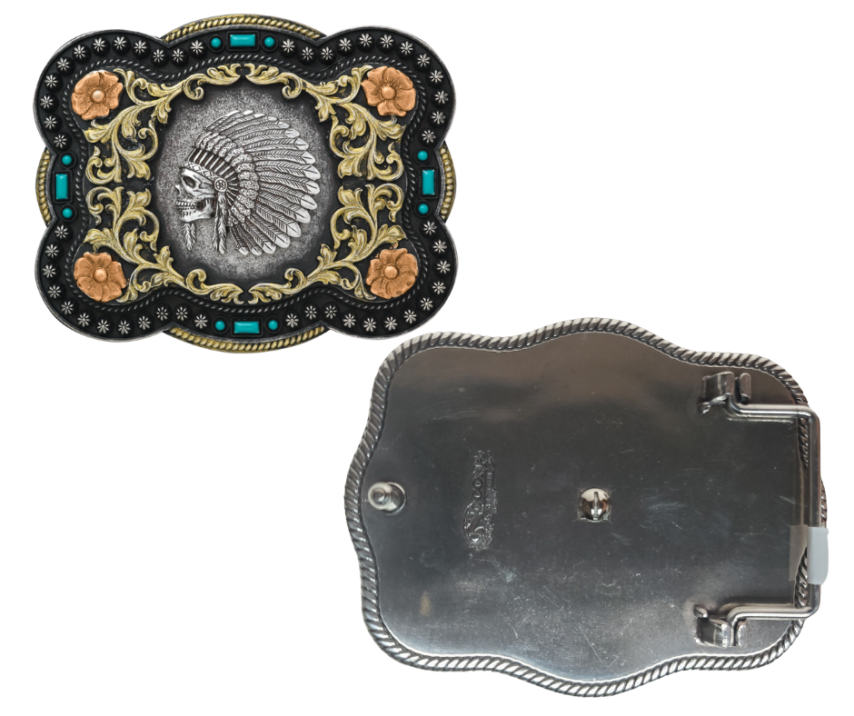 We've named this one after the legendary Apache leader. Show off your adventurous side with simulated turquoise stone accents, a beaded trim, and classic western saddle scrolling. It measures approx. 2 1/2" tall by 3 1/2" wide and is available both online and in our shop in Smyrna, TN, just outside of Nashville!