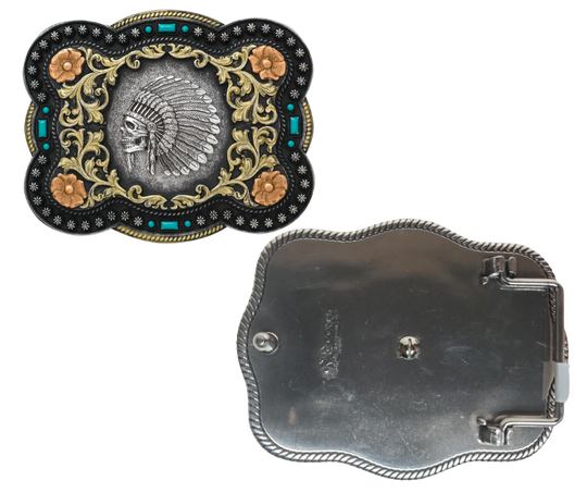 We've named this one after the legendary Apache leader. Show off your adventurous side with simulated turquoise stone accents, a beaded trim, and classic western saddle scrolling. It measures approx. 2 1/2" tall by 3 1/2" wide and is available both online and in our shop in Smyrna, TN, just outside of Nashville!