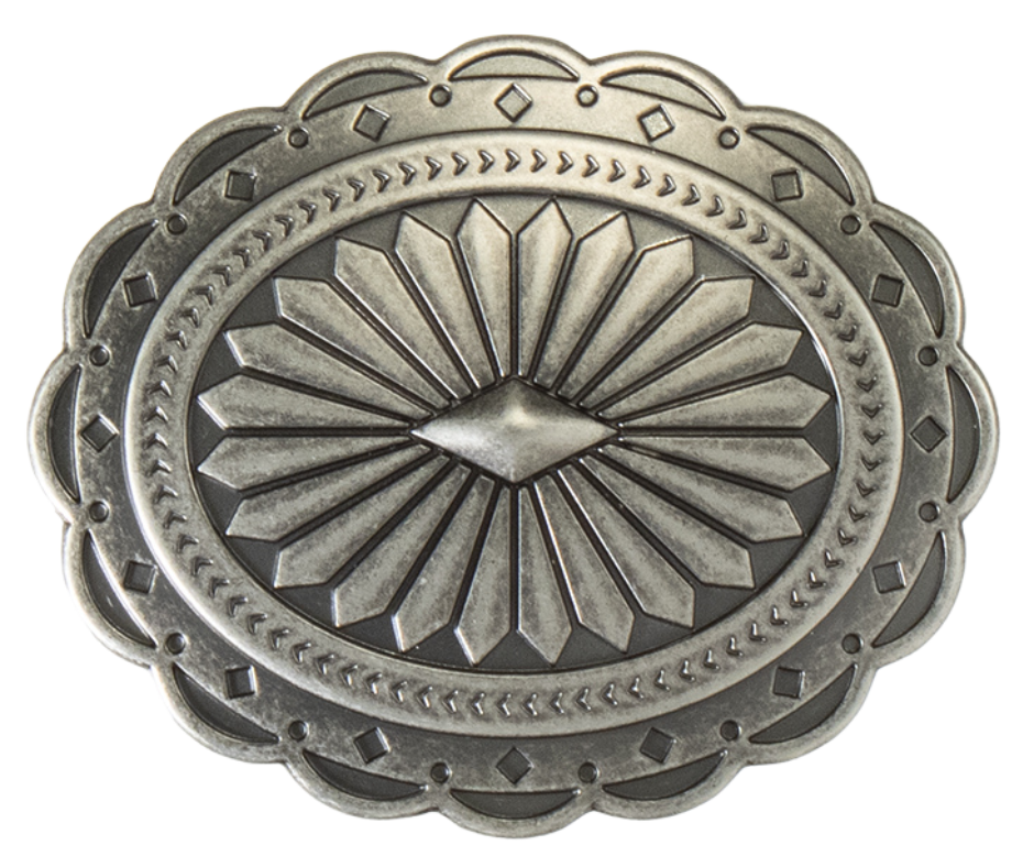 This Spanish-inspired "Concha" buckle from Nocona is an Arizona/New Mexico classic. Antiqued to vintage perfection, it's 2 1/2" tall by 3" wide for belts up to 1 1/2". Get yours at our shop in Smyrna, TN (or Nashville's back door) or online . Imported