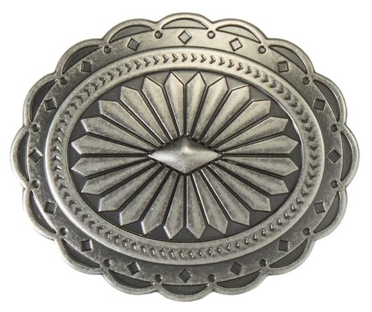 This Spanish-inspired "Concha" buckle from Nocona is an Arizona/New Mexico classic. Antiqued to vintage perfection, it's 2 1/2" tall by 3" wide for belts up to 1 1/2". Get yours at our shop in Smyrna, TN (or Nashville's back door) or online . Imported