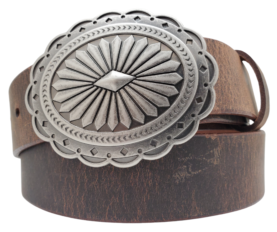 This oval Concha shaped buckle has scalloped edges, a Sunburst Diamond center. It is Antiqued silver colored, measures 2 3/4" tall by 3 3/4" wide and fits belts up to 1 1/2" wide. Buckle is made in Taiwan. Belt is a single strip of leather that is 1 1/2" wide and available in sizes 34" to 44". Colors are distressed brown, black, and dark brown. CHOOSE ONE BELT STRIP COLOR! It is available for purchase in our retail shop in Smyrna, TN, just outside Nashville and also in our online store.