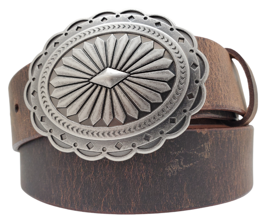 This oval Concha shaped buckle has scalloped edges, a Sunburst Diamond center. It is Antiqued silver colored, measures 2 3/4" tall by 3 3/4" wide and fits belts up to 1 1/2" wide. Buckle is made in Taiwan. Belt is a single strip of leather that is 1 1/2" wide and available in sizes 34" to 44". Colors are distressed brown, black, and dark brown. CHOOSE ONE BELT STRIP COLOR! It is available for purchase in our retail shop in Smyrna, TN, just outside Nashville and also in our online store.