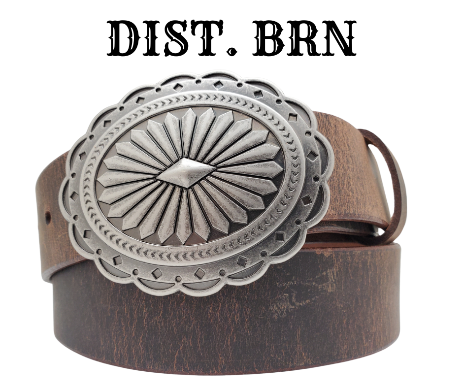 This oval Concha shaped buckle has scalloped edges, a Sunburst Diamond center. It is Antiqued silver colored, measures 2 3/4" tall by 3 3/4" wide and fits belts up to 1 1/2" wide. Buckle is made in Taiwan. Belt is a single strip of leather that is 1 1/2" wide and available in sizes 34" to 44". Colors are distressed brown, black, and dark brown. CHOOSE ONE BELT STRIP COLOR! It is available for purchase in our retail shop in Smyrna, TN, just outside Nashville and also in our online store.