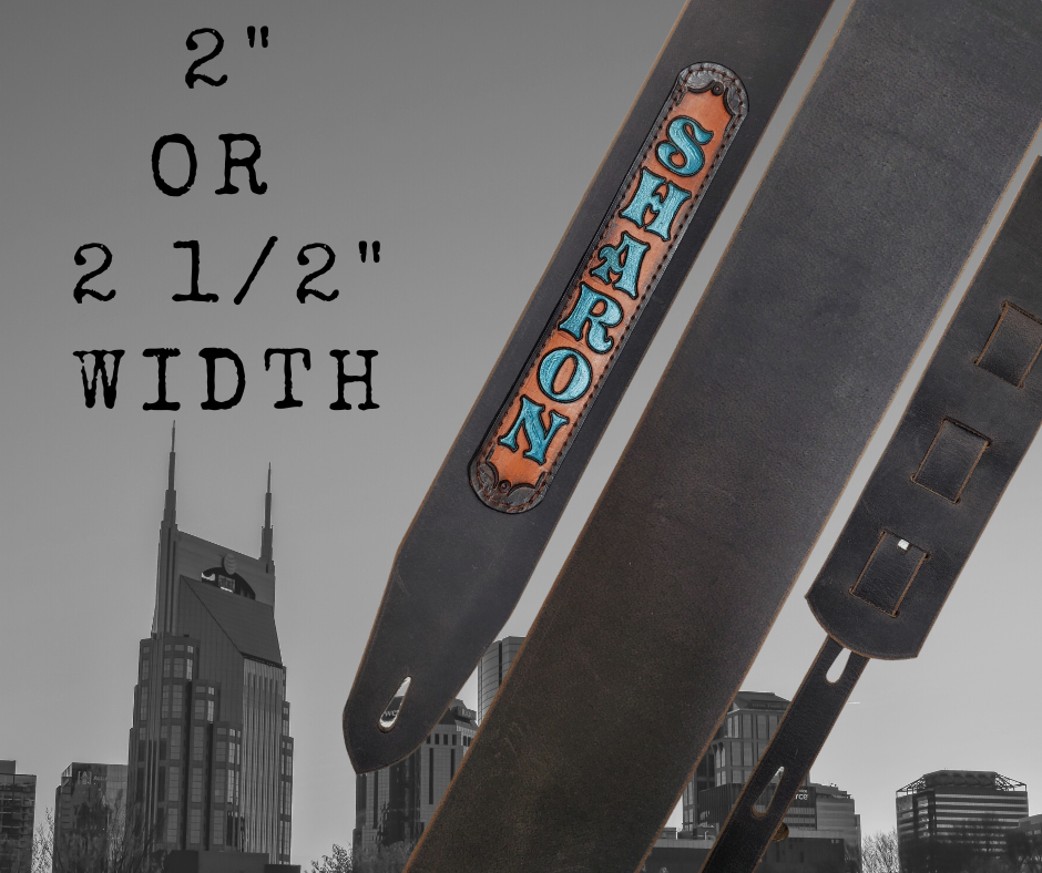 Cool Guitars, Great Songs and Lyrics have been staple for years in Country music!  "This 2" or 2 1/2" wide Guitar Strap is a nod to that classic influence. The main Body of the strap is approx. 1/8" thick Distressed Gray Leather Strap with a CUSTOMIZABLE LEATHER NAME PATCH. The classic adjustment style goes from approx. 42" to 56" at it's longest . Made just outside Nashville in our Smyrna, TN. shop. 