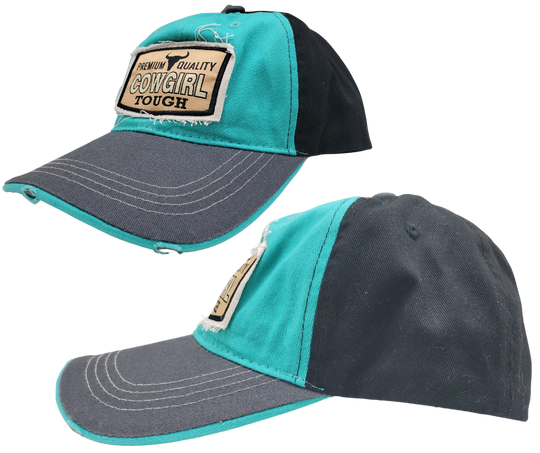 Cowgirl UP! Wear your American Cowgirl Tough Distressed Embroidered Trucker Cap with pride! The Turquoise twill front and Black back feature a Longhorn graphic with a Charcoal stitched bill, plus an adjustable snap strap to perfectly fit any size head. Take a short trip outside Nashville to our Smyrna, TN shop and get yours now!