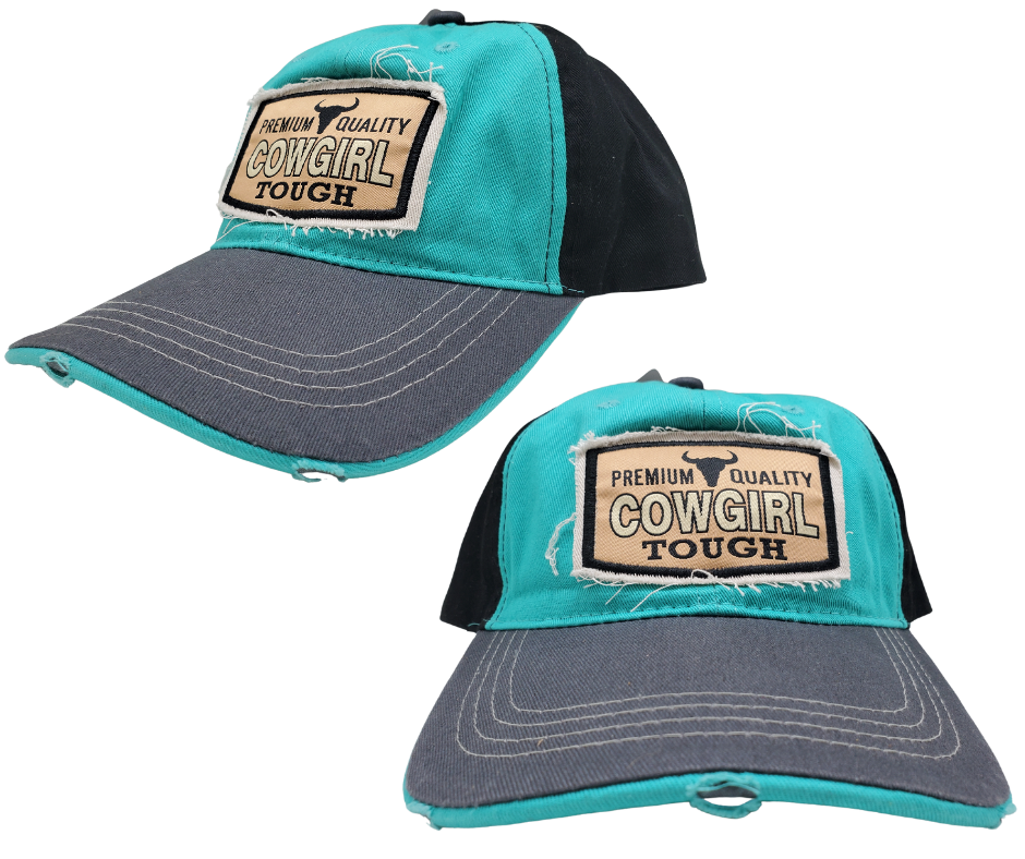 Cowgirl UP! Wear your American Cowgirl Tough Distressed Embroidered Trucker Cap with pride! The Turquoise twill front and Black back feature a Longhorn graphic with a Charcoal stitched bill, plus an adjustable snap strap to perfectly fit any size head. Take a short trip outside Nashville to our Smyrna, TN shop and get yours now!