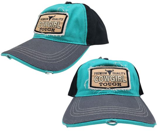 Cowgirl UP! Wear your American Cowgirl Tough Distressed Embroidered Trucker Cap with pride! The Turquoise twill front and Black back feature a Longhorn graphic with a Charcoal stitched bill, plus an adjustable snap strap to perfectly fit any size head. Take a short trip outside Nashville to our Smyrna, TN shop and get yours now!