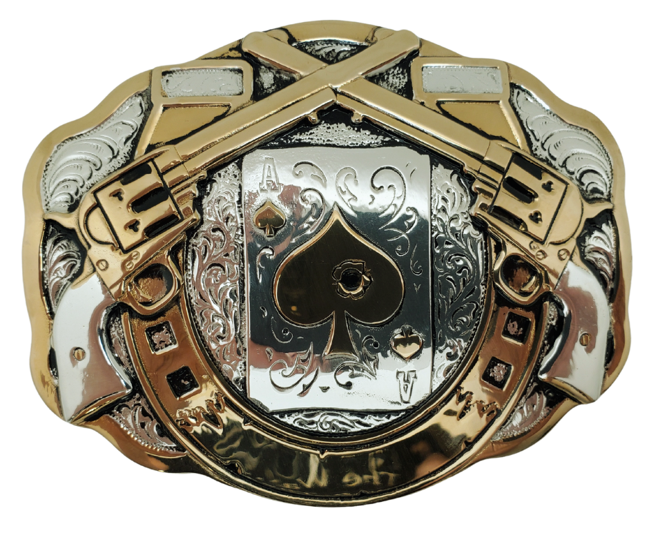 Wear a saloon Poker game with the Hole in the Ace Belt Buckle. Plated and polished nickel and Brass. Fits 1 1/2" belts and measuring approx. 3 1/4" tall x 4 1/4" wide accented with all the Western you can handle!&nbsp; stones. Get it at our shop in Smyrna, TN, outside Nashville. Made in Mexico.