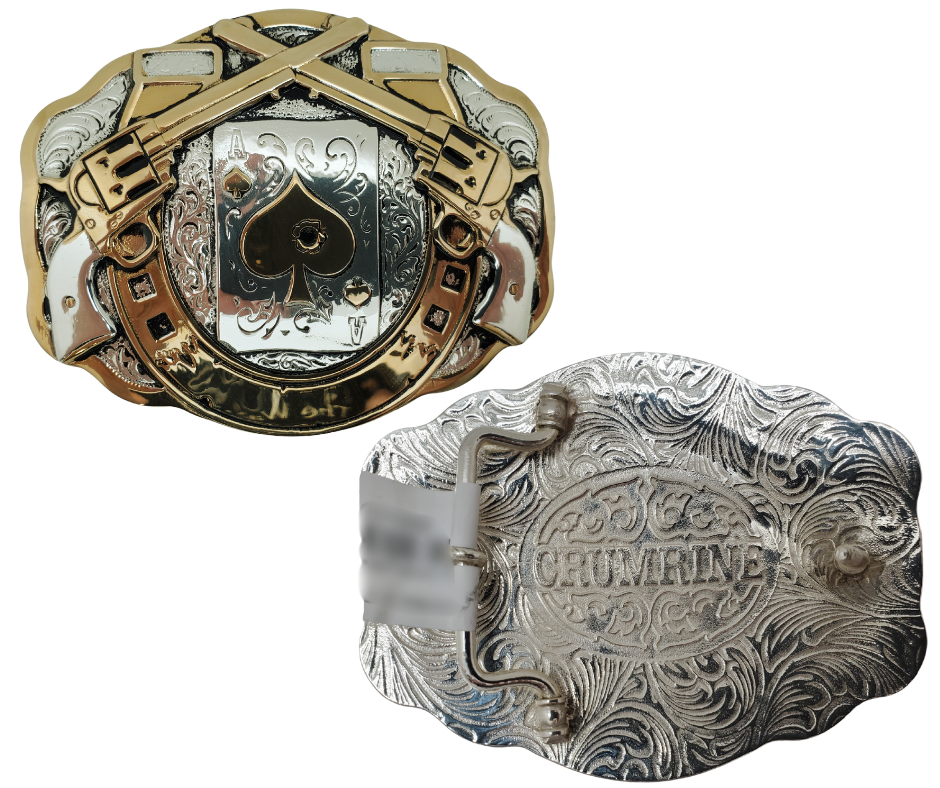 Wear a saloon Poker game with the Hole in the Ace Belt Buckle. Plated and polished nickel and Brass. Fits 1 1/2" belts and measuring approx. 3 1/4" tall x 4 1/4" wide accented with all the Western you can handle!&nbsp; stones. Get it at our shop in Smyrna, TN, outside Nashville. Made in Mexico.