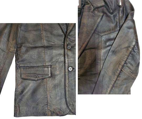 The "Carson is a butter-soft Distressed Brown Leather blazer Jacket for men is delicately distressed in a rich brown hue. Its two pockets are thoughtfully designed for convenient storage, and it is proudly presented in-store at our Smyrna TN shop, located in close proximity to Nashville. Offering luxury and refinement, this piece is sure to leave an unforgettable impression.&nbsp;Sizes S-3XL.