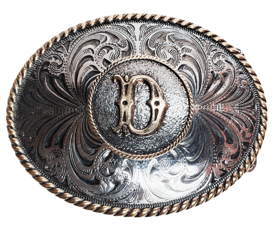 The Initial Western buckle with a scroll background a rope border on a oval shape. Perfect for 1 1/2" Brown or Black belts with it's Antiqued Silver/Brass appearance. Buckle size is approx. 3" x 4" that makes it great for most body styles. Available in our Smyrna, TN shop a short drive from Nashville.