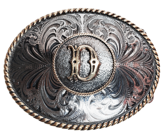 The Initial Western buckle with a scroll background a rope border on a oval shape. Perfect for 1 1/2" Brown or Black belts with it's Antiqued Silver/Brass appearance. Buckle size is approx. 3" x 4" that makes it great for most body styles. Available in our Smyrna, TN shop a short drive from Nashville.