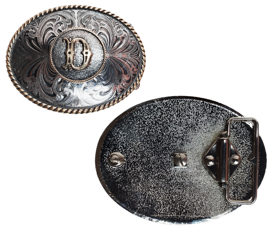 The Initial Western buckle with a scroll background a rope border on a oval shape. Perfect for 1 1/2" Brown or Black belts with it's Antiqued Silver/Brass appearance. Buckle size is approx. 3" x 4" that makes it great for most body styles. Available in our Smyrna, TN shop a short drive from Nashville.