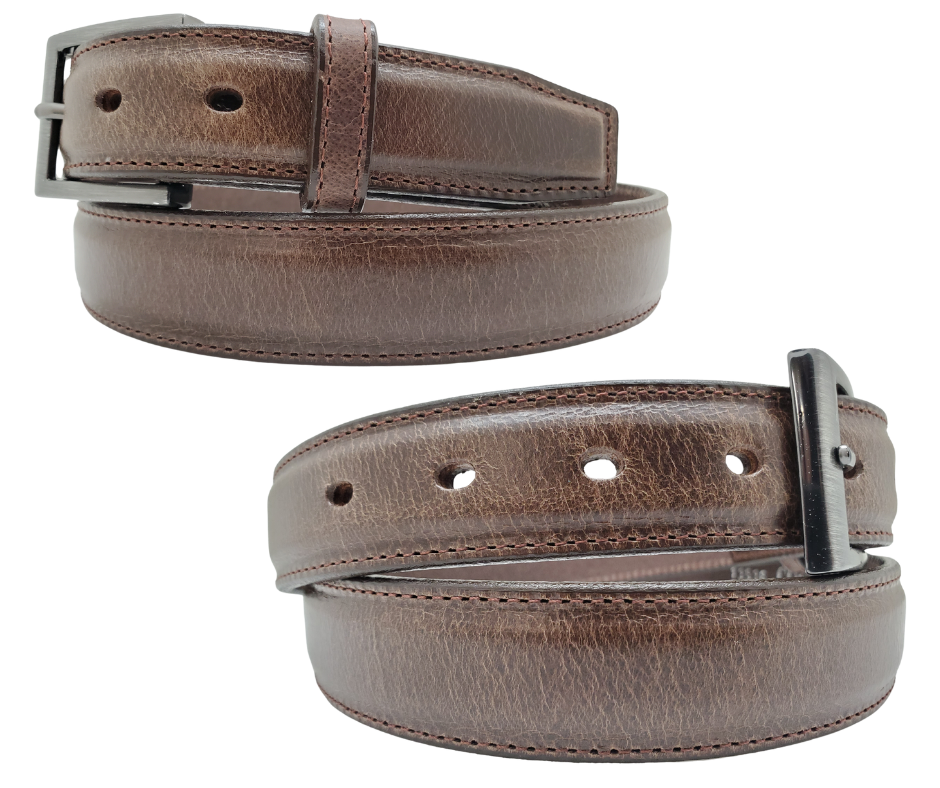 We get all types of people in our shop and we like to offer a variety of Classic Styled Leather belts. This Casual Dress Belt features a Feathered edge and tip, edge stitching, and a Antique Silver buckle. Layered Leather NO fillers Proudly handcrafted in the USA in a versatile 1 1/4" width. Available at our Smyrna, TN shop just outside Nashville.