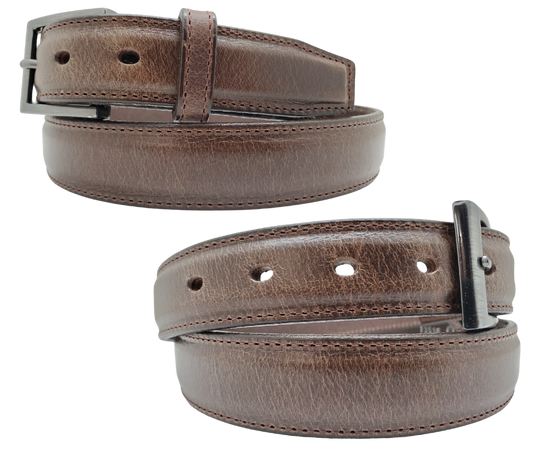 We get all types of people in our shop and we like to offer a variety of Classic Styled Leather belts. This Casual Dress Belt features a Feathered edge and tip, edge stitching, and a Antique Silver buckle. Layered Leather NO fillers Proudly handcrafted in the USA in a versatile 1 1/4" width. Available at our Smyrna, TN shop just outside Nashville.