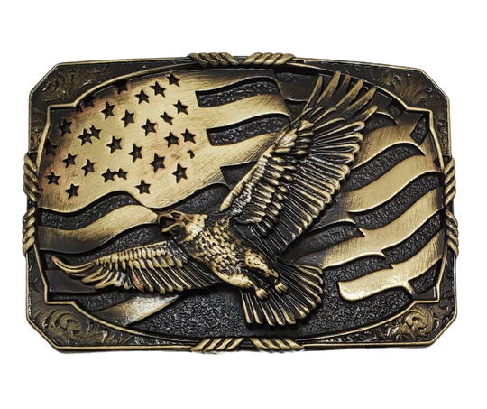 The "Sousa's 1897" Belt Buckle, named after Stars and Stripes song were all familiar with. Antiqued brass finish, embodies the timeless imagery of a iconic eagle and the patriotism of Americans. It effortlessly ties together a 1 1/2" belt and measures approximately 3" x 4" in size, making it the perfect accessory to feel like a true patriot. You can find it online or at our shop in Smyrna, TN, just outside Nashville. Crafted with metal alloy and coated with Montana Armor.