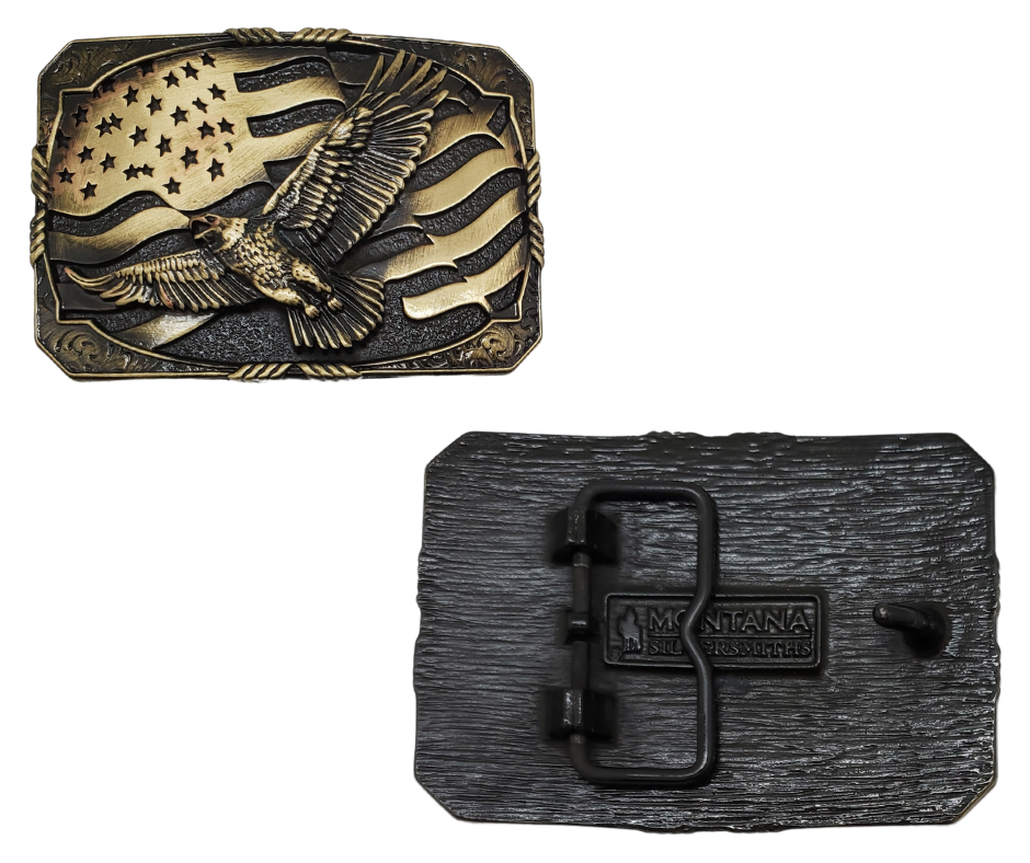 The "Sousa's 1897" Belt Buckle, named after Stars and Stripes song were all familiar with. Antiqued brass finish, embodies the timeless imagery of a iconic eagle and the patriotism of Americans. It effortlessly ties together a 1 1/2" belt and measures approximately 3" x 4" in size, making it the perfect accessory to feel like a true patriot. You can find it online or at our shop in Smyrna, TN, just outside Nashville. Crafted with metal alloy and coated with Montana Armor.