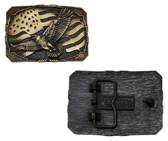 The "Sousa's 1897" Belt Buckle, named after Stars and Stripes song were all familiar with. Antiqued brass finish, embodies the timeless imagery of a iconic eagle and the patriotism of Americans. It effortlessly ties together a 1 1/2" belt and measures approximately 3" x 4" in size, making it the perfect accessory to feel like a true patriot. You can find it online or at our shop in Smyrna, TN, just outside Nashville. Crafted with metal alloy and coated with Montana Armor.