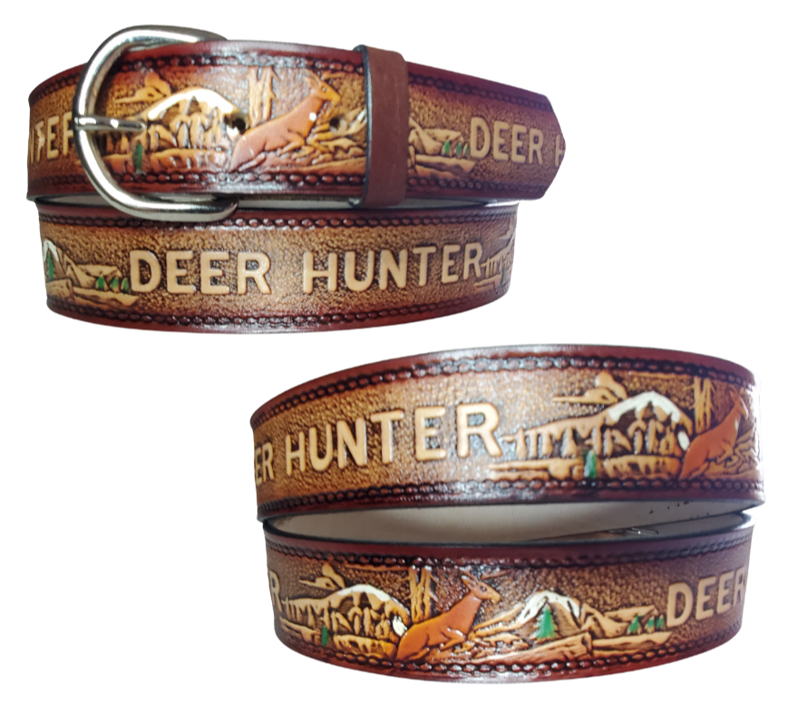 The Deer Hunter leather belt is the true Hunters Pattern with Brown Antiqued finish. Available in a 1 1/2" width. Full grain vegetable tanned cowhide, Width 1 1/2" and includes Nickle plated  buckle Smooth burnished painted edges. Made in USA! Buckle snaps in place for easy changing if desired. In stock at our Smyrna, TN shop.