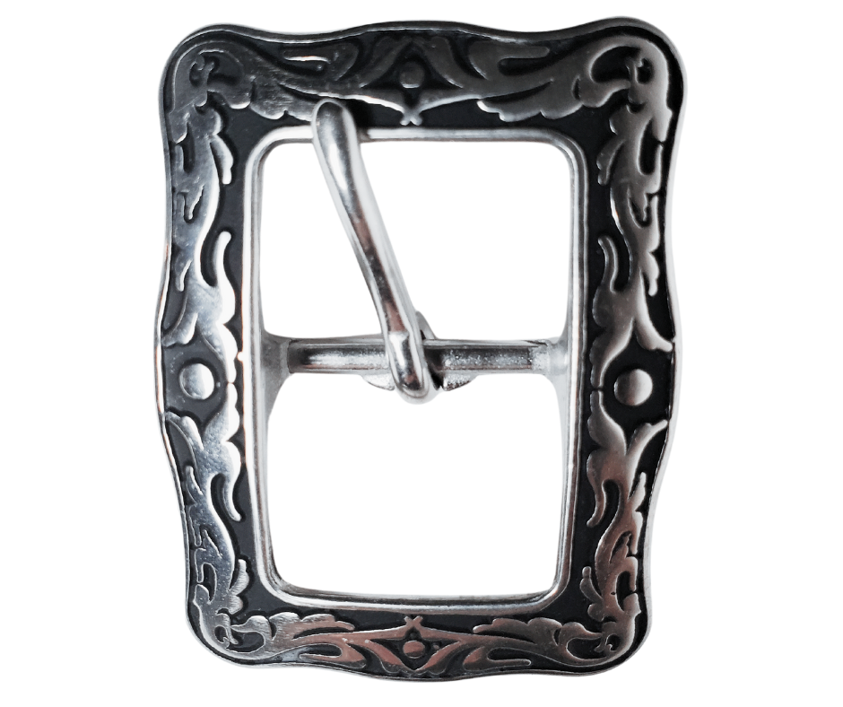 If you need a upgrade for your current belt or want a different look we have a selection of what we call Basic buckles.& Stop in our shop in Smyrna, TN, just outside of Nashville.& This is a Center bar style & with a Western attitude.

Color - Stainless Steel w/ blk accents ,1" width