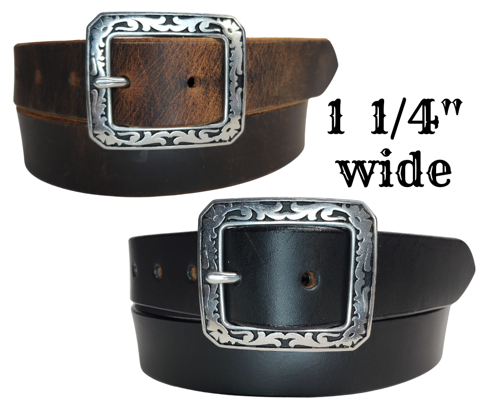 This handmade, real leather belt starts with a black drum dyed (colored all the way through) or the Distressed Brown. It's comes with a square Western themed buckle that is snapped in for easy removal.   It is made in our Smyrna, TN shop, which is located just outside of Nashville.  It is 1 1/4" wide and available in sizes 34" to 44".  Please see the sizing instructions to make sure you have the best fit. 