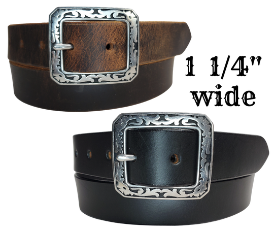 This handmade, real leather belt starts with a black drum dyed (colored all the way through) or the Distressed Brown. It's comes with a square Western themed buckle that is snapped in for easy removal.   It is made in our Smyrna, TN shop, which is located just outside of Nashville.  It is 1 1/4" wide and available in sizes 34" to 44".  Please see the sizing instructions to make sure you have the best fit. 