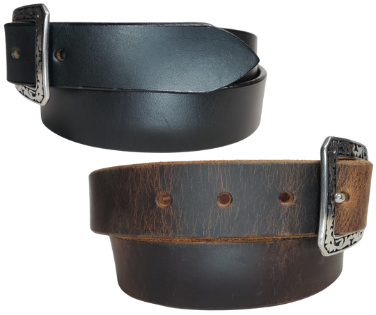 This handmade, real leather belt starts with a black drum dyed (colored all the way through) or the Distressed Brown. It's comes with a square Western themed buckle that is snapped in for easy removal.   It is made in our Smyrna, TN shop, which is located just outside of Nashville.  It is 1 1/4" wide and available in sizes 34" to 44".  Please see the sizing instructions to make sure you have the best fit. 