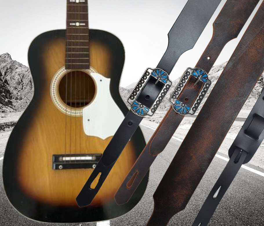 Great Musicians, Singers and great songs have been a staple for years in Nashville. Be on your way starting your journey with this 1 3/4"main Body of the Guitar strap is approx. 1/8" thick tapered front with a Southwesty 1" buckle. Choose Black or Distressed brown. The classic adjustment style goes from approx. 42" to 56" at it's longest . Made just outside Nashville in our Smyrna, TN. shop. It will need a bit of time to "break in" but will get a great patina over time. 