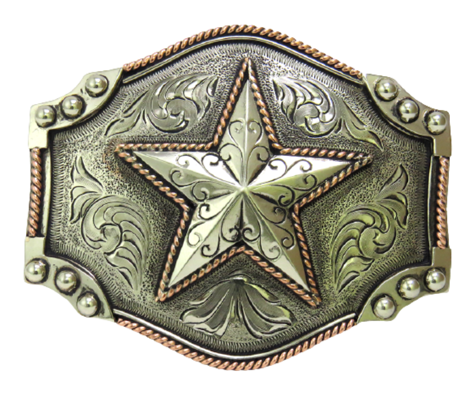 The Desert Star buckle is made from German Silver (nickel and brass alloy) or iron metal base. Each piece is punched, cut, soldered, engraved, polished and painted by our talented metal workers.  Our products are all handcrafted.  Finally each piece is covered with a heat sealed lacquer to ensure the piece's long lasting qualities. Available at our Smyrna, TN shop just outside of Nashville.