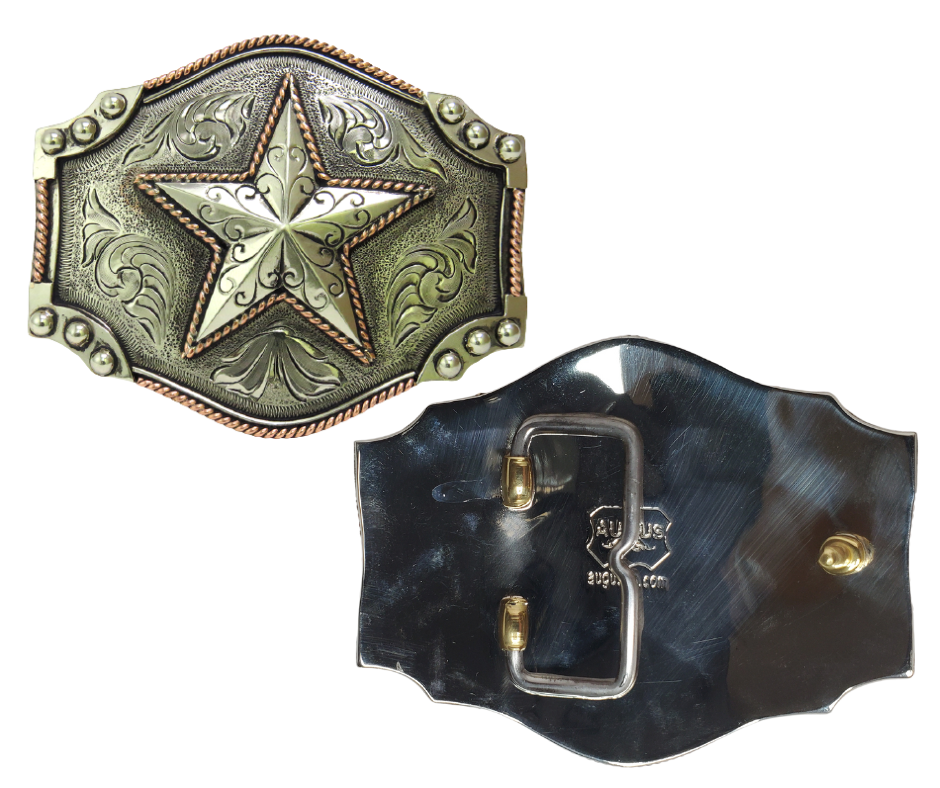 The Desert Star buckle is made from German Silver (nickel and brass alloy) or iron metal base. Each piece is punched, cut, soldered, engraved, polished and painted by our talented metal workers.  Our products are all handcrafted.  Finally each piece is covered with a heat sealed lacquer to ensure the piece's long lasting qualities. Available at our Smyrna, TN shop just outside of Nashville.