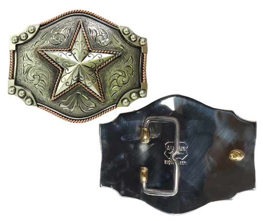 The Desert Star buckle is made from German Silver (nickel and brass alloy) or iron metal base. Each piece is punched, cut, soldered, engraved, polished and painted by our talented metal workers.  Our products are all handcrafted.  Finally each piece is covered with a heat sealed lacquer to ensure the piece's long lasting qualities. Available at our Smyrna, TN shop just outside of Nashville.