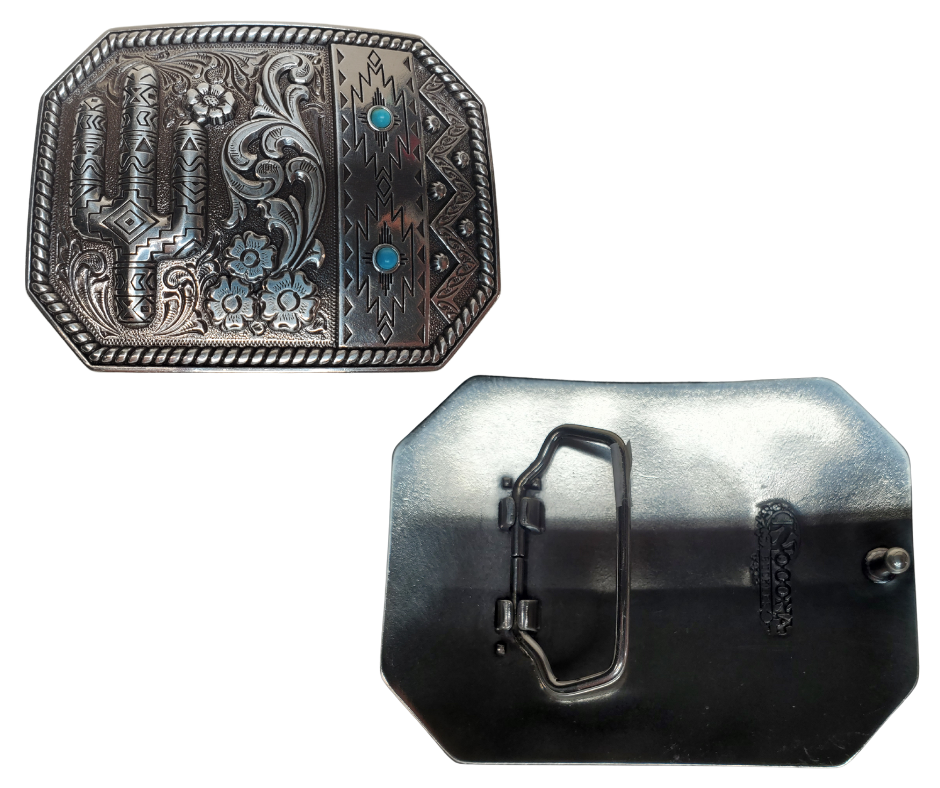 Experience the warmth of a Desert Skies Night with this classic western belt buckle. Featuring a combination of traditional rope edge scroll patterns and Southwest designs, adorned with two small Turquoise stones, this piece will transport you to a beautiful place. Don't miss out on the opportunity to add this unique item to your collection, whether you visit our store in Smyrna, TN or shop online. Imported.