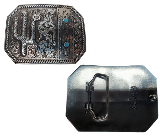 Experience the warmth of a Desert Skies Night with this classic western belt buckle. Featuring a combination of traditional rope edge scroll patterns and Southwest designs, adorned with two small Turquoise stones, this piece will transport you to a beautiful place. Don't miss out on the opportunity to add this unique item to your collection, whether you visit our store in Smyrna, TN or shop online. Imported.