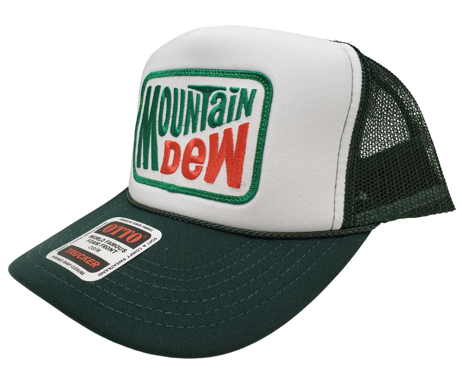 Experience the thrill of Mountain Dew, created in 1940 by Tennessee beverage experts Barney and Ally Hartman. For an even bolder taste, try the 1958 revised formula by Bill Bridgforth. Our Forest Green and White Foam vintage trucker mesh cap proudly displays the iconic Mountain Dew logo. Get yours now at our Smyrna, TN store or online!