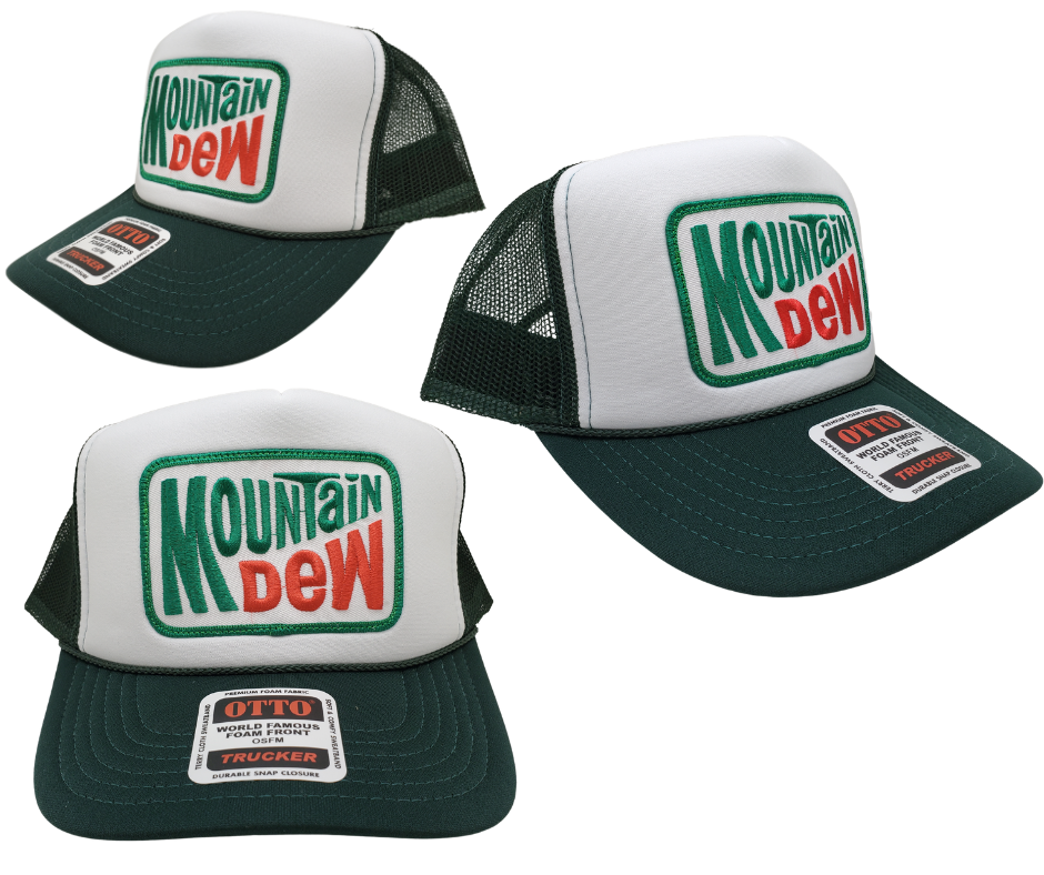 Experience the thrill of Mountain Dew, created in 1940 by Tennessee beverage experts Barney and Ally Hartman. For an even bolder taste, try the 1958 revised formula by Bill Bridgforth. Our Forest Green and White Foam vintage trucker mesh cap proudly displays the iconic Mountain Dew logo. Get yours now at our Smyrna, TN store or online!