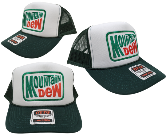 Experience the thrill of Mountain Dew, created in 1940 by Tennessee beverage experts Barney and Ally Hartman. For an even bolder taste, try the 1958 revised formula by Bill Bridgforth. Our Forest Green and White Foam vintage trucker mesh cap proudly displays the iconic Mountain Dew logo. Get yours now at our Smyrna, TN store or online!