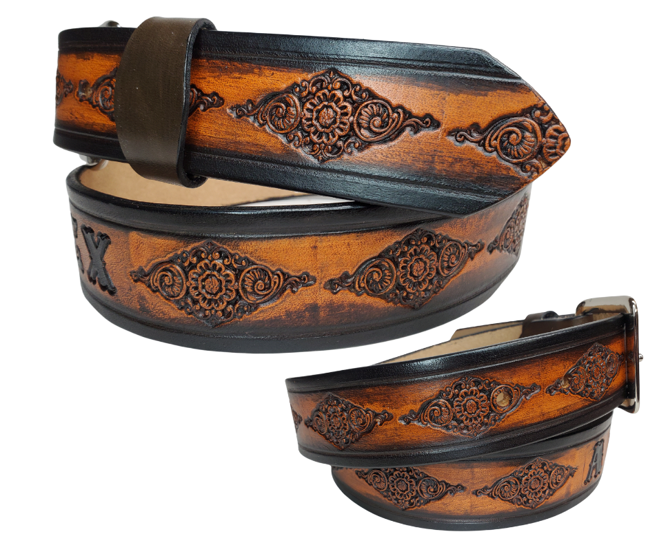 Be bold and daring with this 1 1/2" belt! Featuring an intricately crafted Diamonds pattern from full grain American vegetable tanned cowhide, an antique nickle plated solid brass buckle, and smooth, burnished painted edges, it's sure to make a statement. Customize it with a maximum of 10 letters for a truly unique look. Effortlessly change the buckle snap if desired. Handcrafted in our Smyrna, TN, USA shop, a short drive from downtown Nashville.