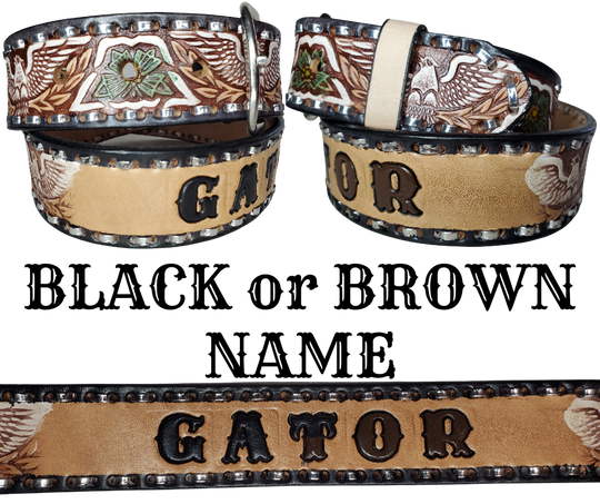 The Dimestore Cowboy leather belt is a classic Vintage Throwback Style Western belt. Complete with silver Buck Stitching and a embossed eagle design in Black/Antique White/Blue coloring. A 1 1/2" width Full grain vegetable tanned cowhide, Width 1 1/2" and includes Nickle plated  buckle Smooth burnished painted edges. Buckle snaps in place for easy changing if desired. In stock at our Smyrna, TN shop.